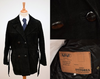 ENGINE Astoria Suede Leather Jacket mens size 44 Black Double Breasted
