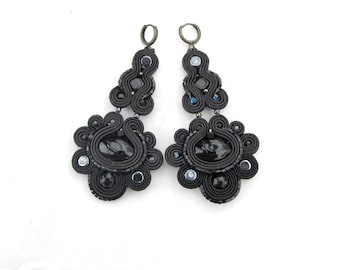 Black Dangle Earrings, Long Chandelier Earrings, Soutache Earrings, Black Earrings, Long Earrings, Dangle Earrings, Chandelier Earrings