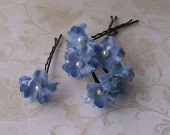 Blue Small Flower Hair Pins - Set of 6 Flower Bobby Pins