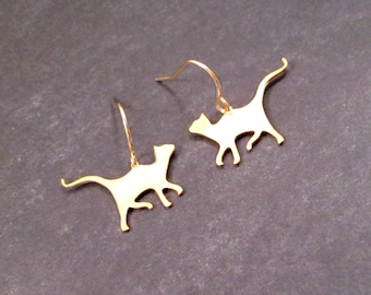 CAT Earrings, Gold Kitties, Dangle Earrings, FREE Shipping, U.S.