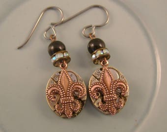 Bless You Boys - Vintage Watch Movements Copper Fleur De Lis Niobium Wires New Orleans Saints Recycled Repurposed Steampunk Earrings Jewelry
