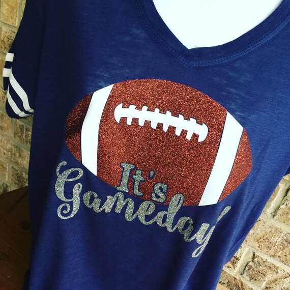 V Neck It's Gameday Glitter Football T-Shirt FRONT ONLY