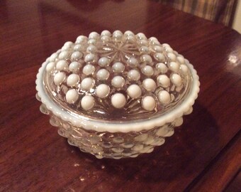 Vintage Anchor Hocking Opalescent Moonstone Hobnail Glass Dresser Jar with Lid