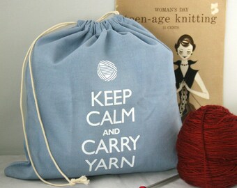 Small knitting project bag - Keep Calm and Carry Yarn - Wedgewood Blue