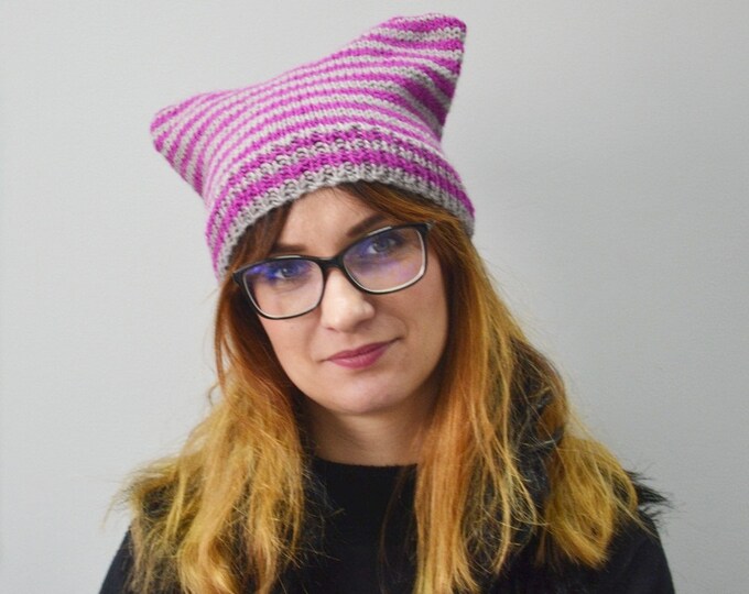 Grey Pink Cap Cat Hat Wool Acrylic hat Unisex cat hat Cat hat striations hat Custom pussyhat Pink pussyhat Mens cat hatines hat