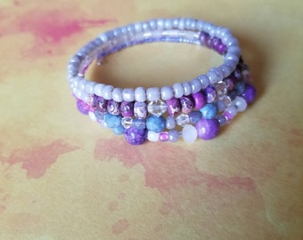 Purple + silver beaded wrap bracelet, memory wire bracelet, lavender bracelet, purple bracelet, quartzite, chunky bracelet, gemstone, ooak