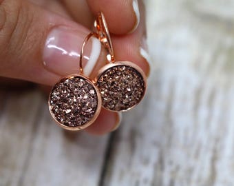 Rose Gold earrings druzy earrings rose gold dangle earrings sparkly earrings bridesmaid earrings druzy jewelry minimalist everyday earrings