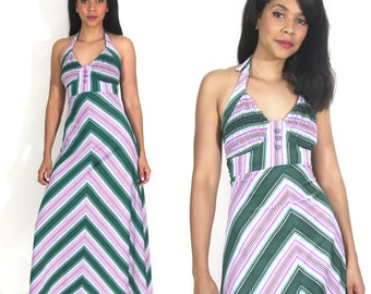 Vintage 70s Chevron Stripe Green Purple Halter Backless Maxi Dress Hippie Festival