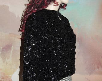 1950s Black Sequin Covered Cardigan Sweater Size Small