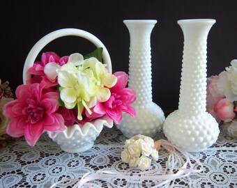 Fenton Hobnail White Milk Glass - Hobnail Milk Glass Basket - Hobnail Milk Glass Bud Vases - Wedding Milk Glass - Hobnail White Milk Glass