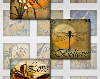 Dragonflies Moon Ephemera Botanical 1 and 2 Inch Instant Download for Glass Resin and Scrabble Tile Pendants Square Jpeg Images (S-3)