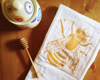 wood block print honey bee tea towel by color.joy