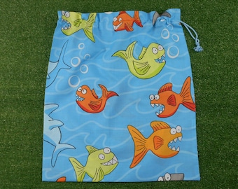 Boys library bag or toy bag, piranhas & sharks drawstring bag, kindy sheet bag