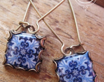 Azulejos tiles, Portuguese jewelry, earrings, Spanish tile drop earrings, Gypsy jewelry, Iberian, Moorish, blue and white, MTO
