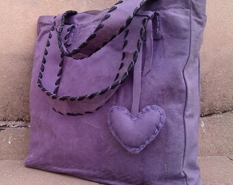 Purple Leather Tote Bag, Purple & Black Leather Tote with Heart Pendant, Purple Laced Strap Leather Tote, Purple Heart Pendant Leather Tote
