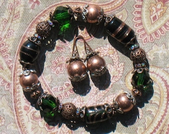 Green and Copper Bracelet and Earring Set
