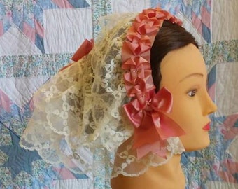 Cream Lace Fanchon Styled Day Cap with Peach Ribbon