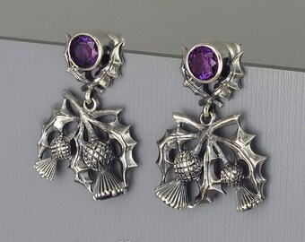 Blooming Thistle silver earrings with Amethysts - Ready to ship