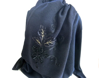 Vintage Black Scarf Shawl • Hand Embroidered Knit • Ribboned Beaded Design