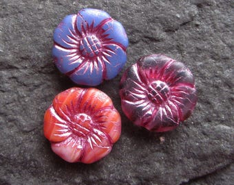 3 Large 22mm Czech Glass Flower Beads Metallic Pink Inlay, Blue orange black swirl Focal Pendant Beads