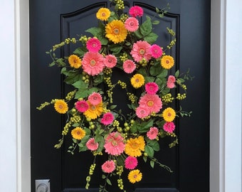 Spring Wreaths, Oval Spring Wreath for Front Door, Gerber Daisy Wreath, Yellow Daisy Wreath, Wreaths for Spring, Spring Door Wreath, Wreaths