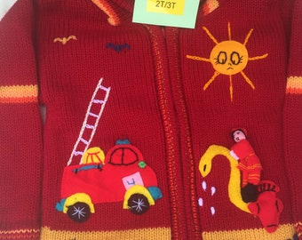 2T/3T Red Kids Sweater Zip Hoodie Toddler Firefighter Clothing Knit Sweater Kids Cardigan Clothes Handmade Sweater Hipster