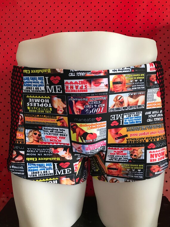 INTRODUCING our Mens euro swim truck brand: ROGUEswim ** CALLGIRL digital print paneled swim short with BLACK mesh side panels