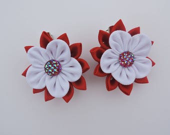 Kanzashi Fabric Flowers. Set of 2 hair clips. Red and White.