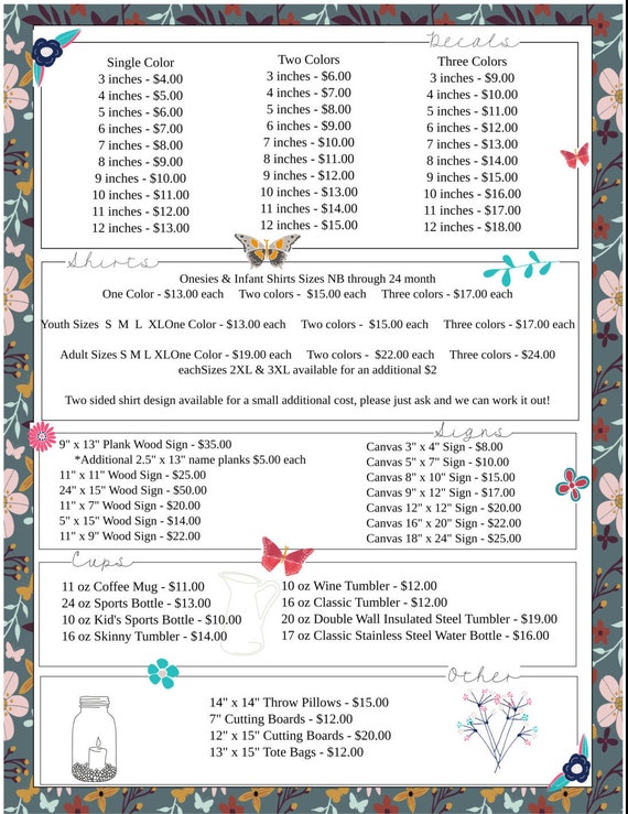 Floral & Butterfly Price List Vinyl Business SVG File