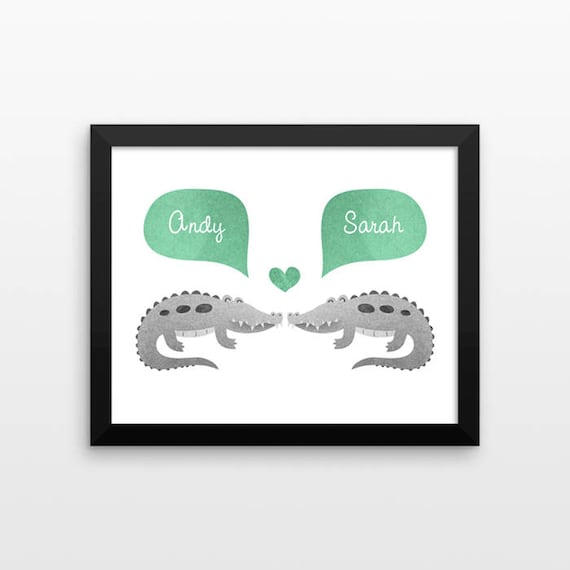 CROCODILE ALLIGATOR Couple Personalized Art Print, Engagement Gift, Wedding Gift, Valentines Gift, Couples Gift, Animal Couple Wall Art