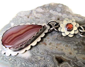 Pink Agua Nueva Agate Pendant with Orange Sunstone Flower in Sterling Silver Necklace Jewelry