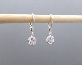 Silver CZ Earrings. Free Shipping. Sterling Crystal Drops. Small Clear Cubic Zirconia. Small Leverback Lever Back Dangles. Simple 6 mm CZ.