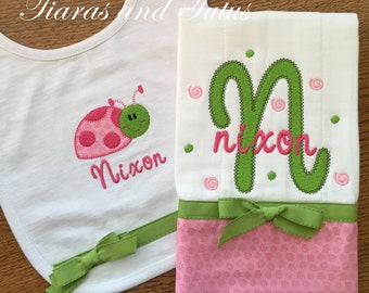 Pink Ladybug Burp Cloth, Personalized Baby Gifts, Baby Gift, Burp Cloths, Embroidered Burp Cloth, Ladybug, Pink and Green