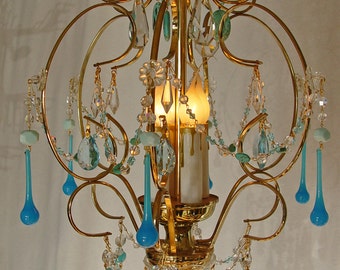 Chandeliers lighting ~ Turquoise Robins Egg Blue CRYSTAL CHANDELIER 14" X 20" BRASS / Gold 4 Lights ~ Home and Living