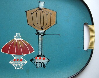 Vintage Mid Century Textured Serving Tray with Lamp Design - 1960's, Woven Handles, Plastic tray, Teal, Housewares, Home Decor, Kitchen