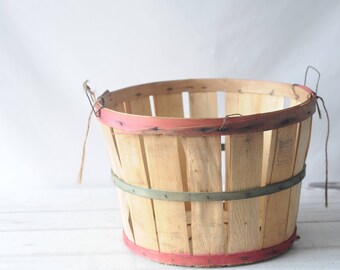 Vintage Split Wood Bushel Basket With Wire Handles Apple Basket Wood Bottom