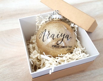 Personalized BABY'S FIRST CHRISTMAS Ornament gift with calligraphy - One (Gold)