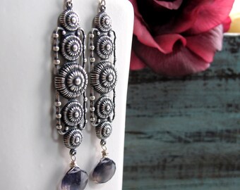 Antique Silver Earrings, Vintage Inspired Long Earrings, Iolite Blue Gemstone Earrings, Art Deco - BLANCA
