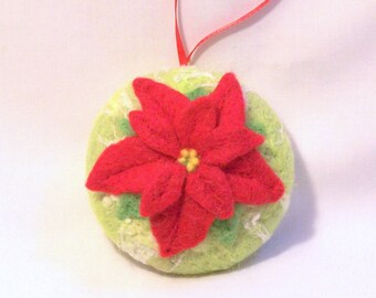 Christmas Ornament - Needle Felted - Red Poinsettia - Needlefelt Ornament - Chartreuse - Felt Christmas - Christmas Gift