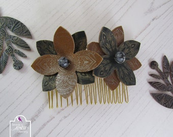 Leather Flowers Hair Comb, Brown Flowers Hair Comb, UK