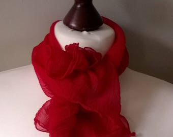 Lot of 2 vintage 1950s crepe scarves, cherry red and cream, women's neck-tie, headscarf