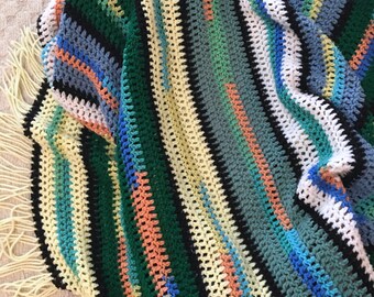 Granny Afghan Crochet Handmade Blue Yellow Pink Stripes Vintage Blanket Throw
