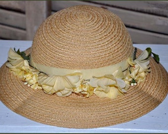 1800's Child's Hat, Wide Brim Straw Hat, Natural Straw Hat, Girl's Straw Hat, Straw Flowered Hat, Vintage Girl's Hat