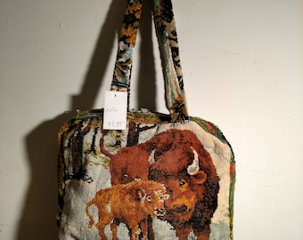 STEAMPUNK Tapestry Suitcase Carpet bag Repurposed zips Bufflao Leopard Anna Hermans Eco