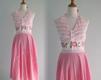 Mexican Embroidered Halter Dress - Pretty 70s Pink Gauze Sundress with Crocheted Top - Vintage Mexican Sundress - Vintage 1970s Dress M L