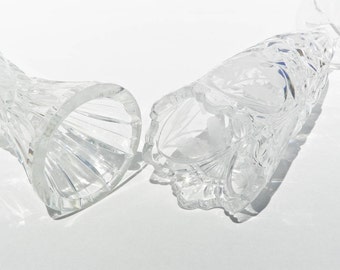 Two Lead Crystal Bud Vases - Clear - Frosted Cherries Pattern - Scalloped Edge - Footed - Small Tiny Stem Vases - Set Of Two