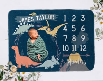 Dinosaur Milestone Blanket - Baby Boy Blanket Months - Dino Month Photo Prop - Track Monthly Growth - Personalized Newborn Baby Shower Gift