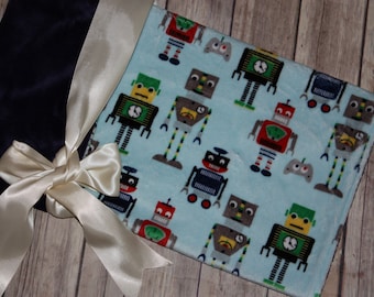 Ready to Ship- Minky Blanket - Robots - Baby Blue, Dark Blue-20x22 - Security blanket