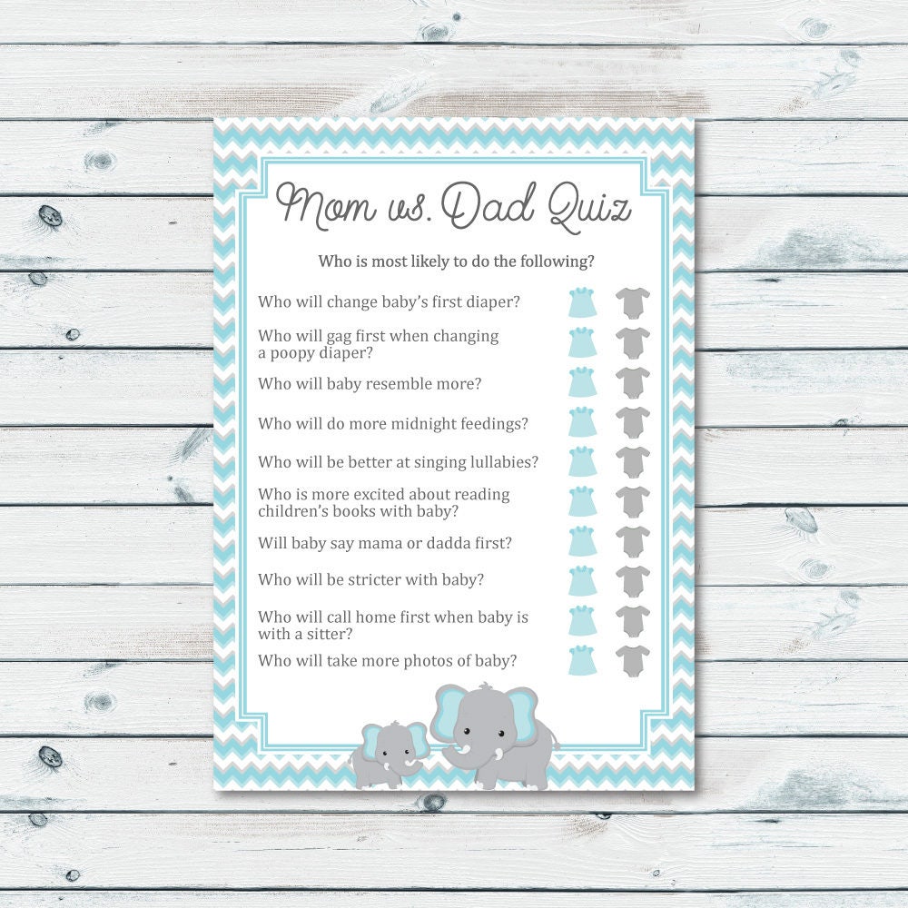 Mom Vs Dad Quiz Baby Shower Game Blue And Gray Elephant Baby