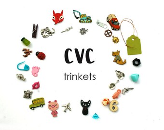 CVC I spy trinkets, Short vowel words, Early Reading, Phonetic box, Classroom Homeschool Preschool materials, 1-3.5cm, 33/52 objects